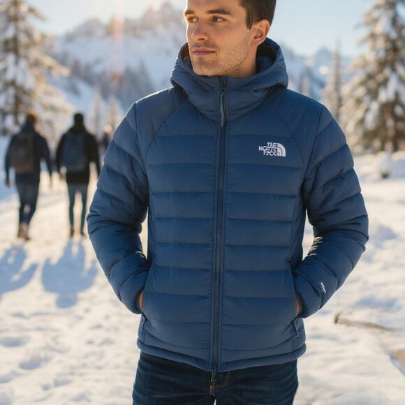 The North Face Puffer Jacket Belleview Down Mens Medium Blue Hoodie Stretch - Picture 1 of 13